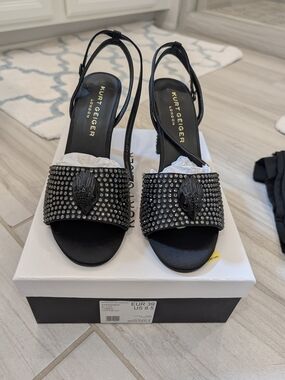 Kurt Geiger Kensington Black Studded Open-Toe Heels with Eagle. 8.5 NWT